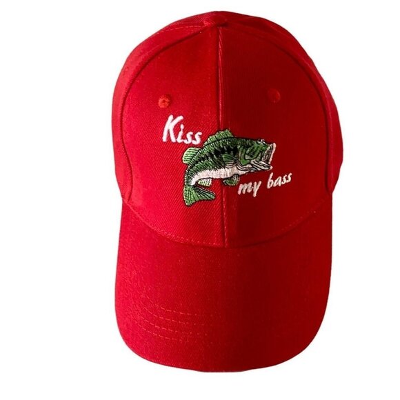Kiss My Bass Fishing Hat Cap with Adjustable Back Red NEW - Picture 1 of 8